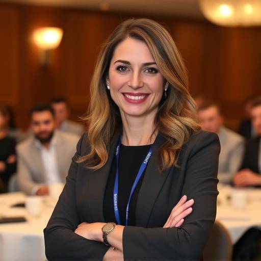 Elena Martini, Consulente Finanziaria, che partecipa a una conferenza sulla leadership con sicurezza e competenza