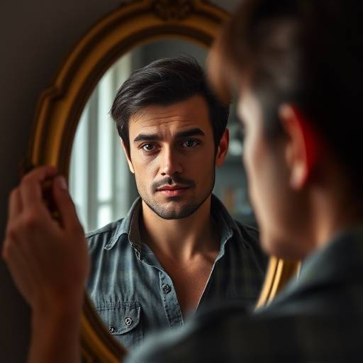 Immagine di una persona che si guarda allo specchio, riflettendo una versione pi&ugrave; sicura e potente di s&eacute;.