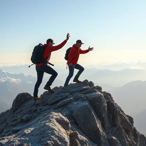 Un leader che guida un gruppo verso una cima, simbolo di raggiungimento degli obiettivi.