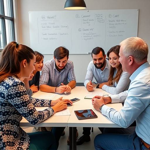 Un team collabora durante una sessione di team coaching, utilizzando materiali e strumenti per risolvere problemi